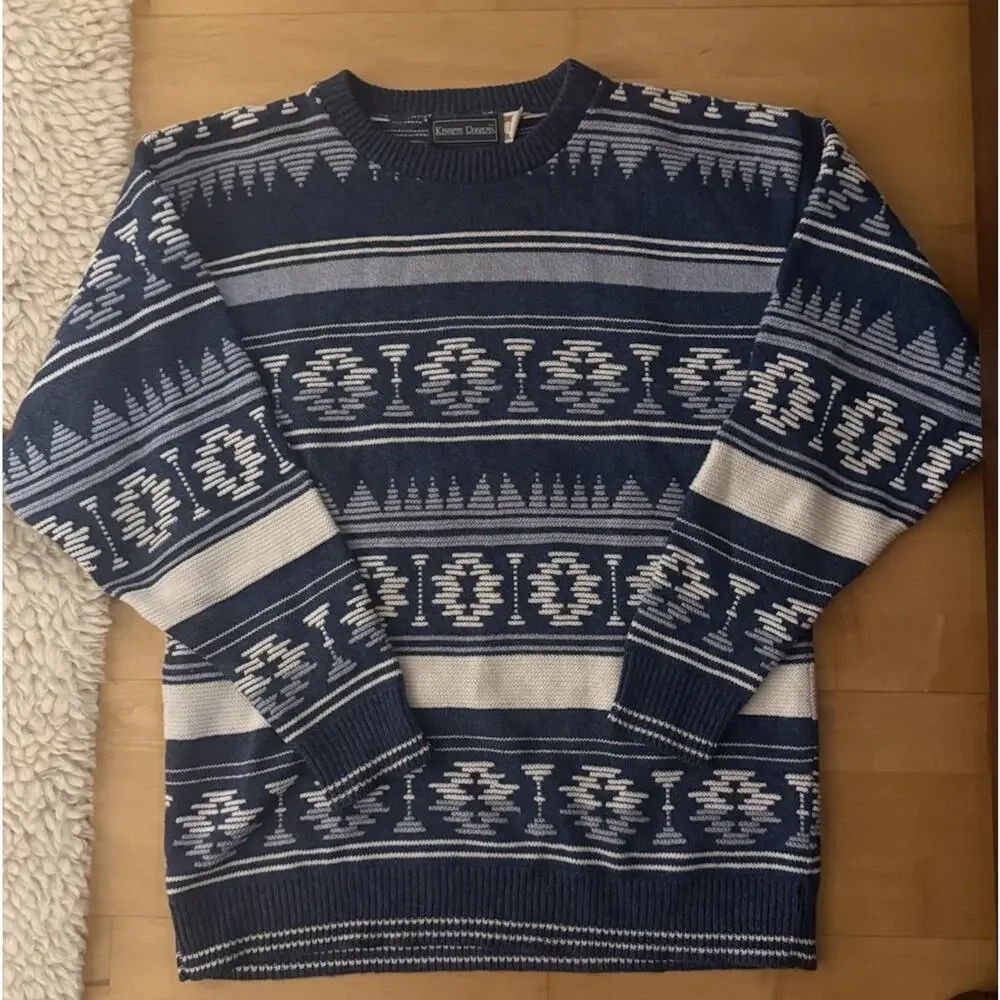 VTG Kenneth Rogers Knit Blue Sweater Cotton Geometric Aztec Small